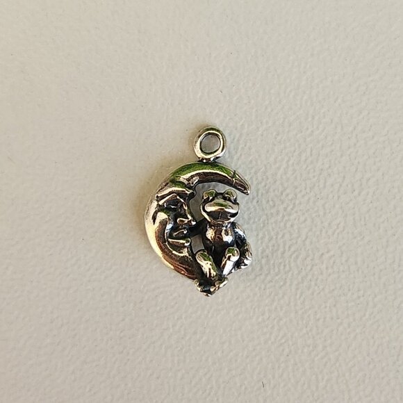 925 Sterling Silver Frog in the Moon Charm - Picture 1 of 3